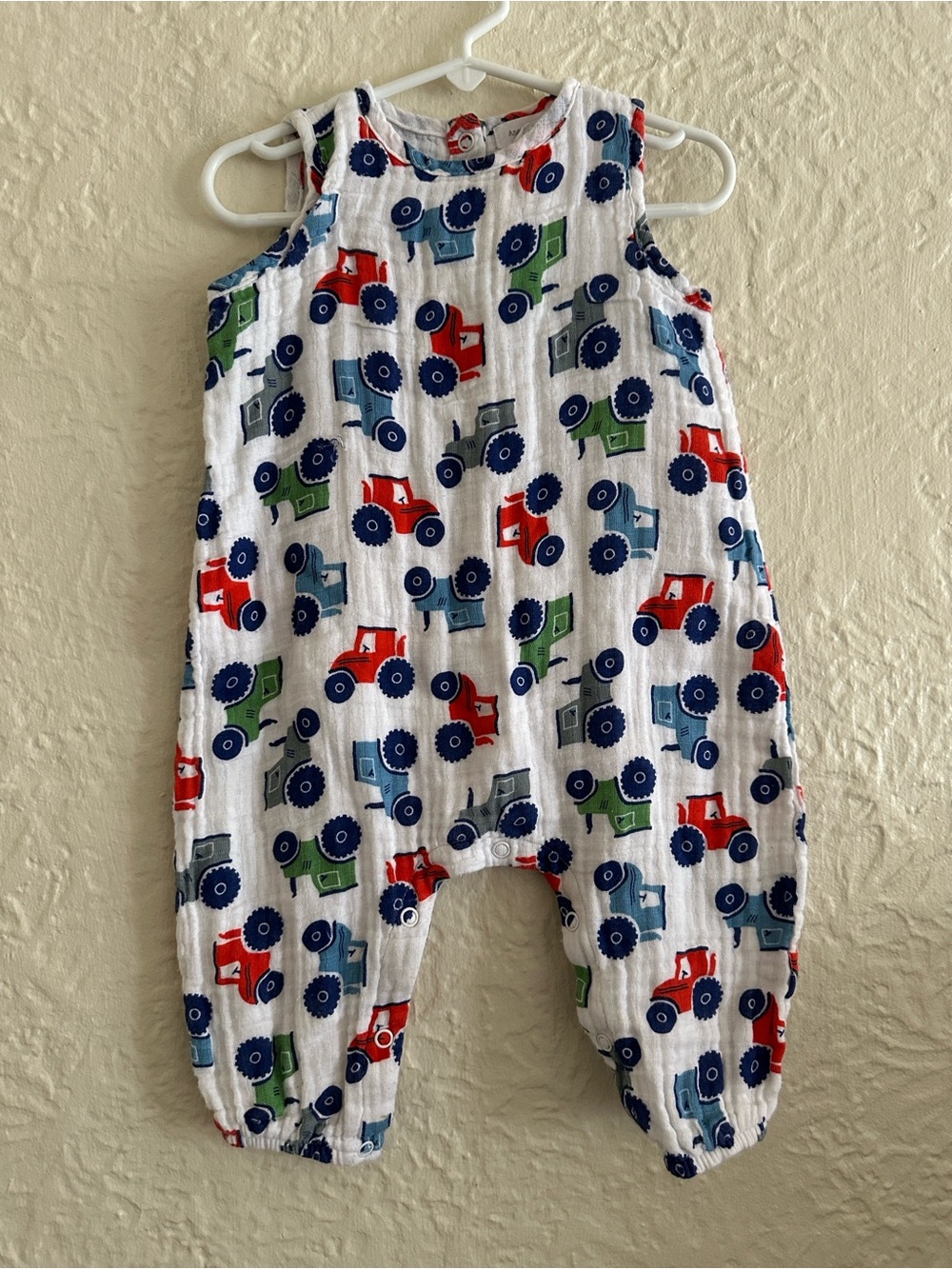Angel Dear Baby Tractor Print Romper Jumpsuit White Blue Red Green Cotton Muslin